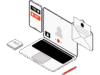Illustration von einem Laptop, einer E-Mail, einem Smartphone, einem Post-It Block und Stift im isometrischen Stil